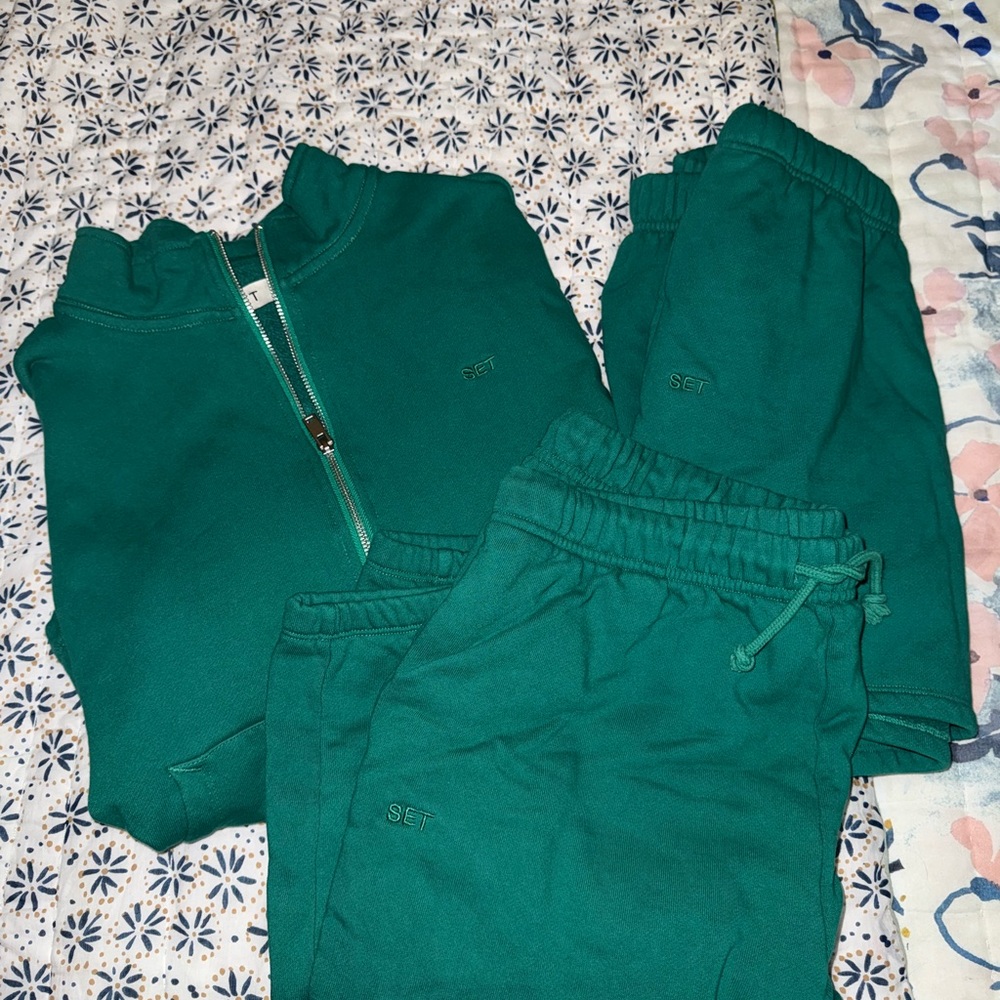 SET Active Palm Emerald Green Half Zip Sweatshirt Short and Jogger Set Large